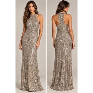 Anthropologie BHLDN Conroy Sequin High-Neck Halter Maxi Dress / Silver Gold